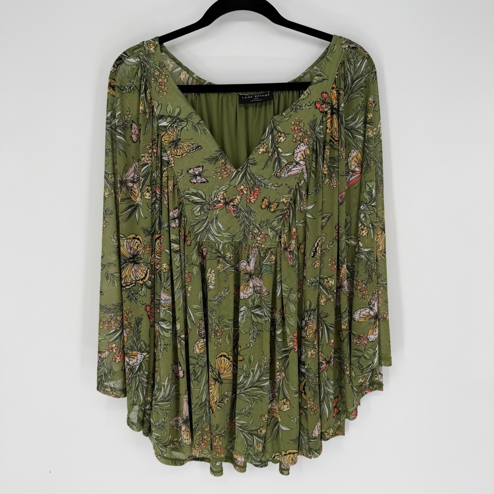 LANE BRYANT PLUS SIZE GREEN BUTTERFLY PRINT V-NECK BLOUSE 22/24 PEASANT BATWING